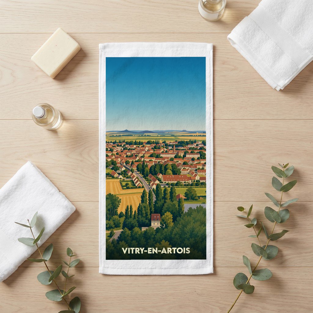 Serviette de bain souvenir de la ville de Vitry-en-Artois avec une illustration panoramique stylisée.