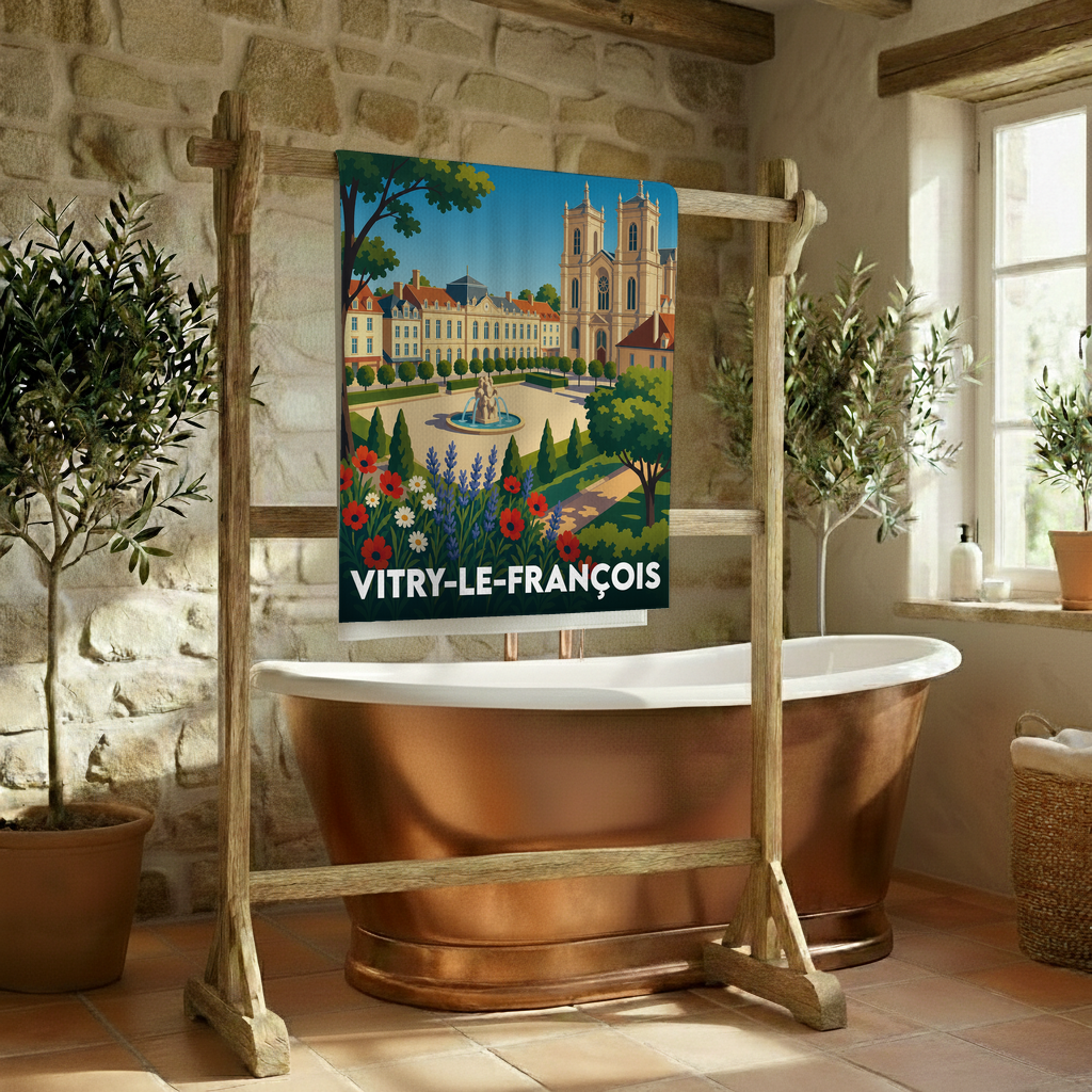 Serviette de bain souvenir de la ville de Vitry-le-François avec une illustration stylisée de sa place principale et de son église.