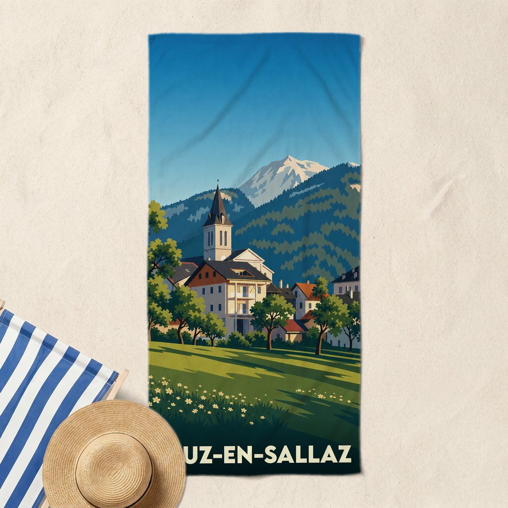 Serviette de bain souvenir de Viuz-en-Sallaz avec une illustration stylisée d'un village de montagne.
