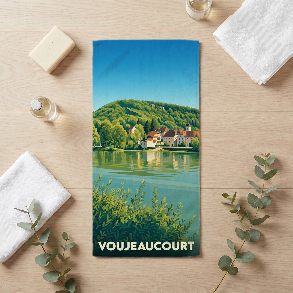 Serviette de bain souvenir de la ville de Voujeaucourt avec une illustration stylisée de son paysage fluvial.
