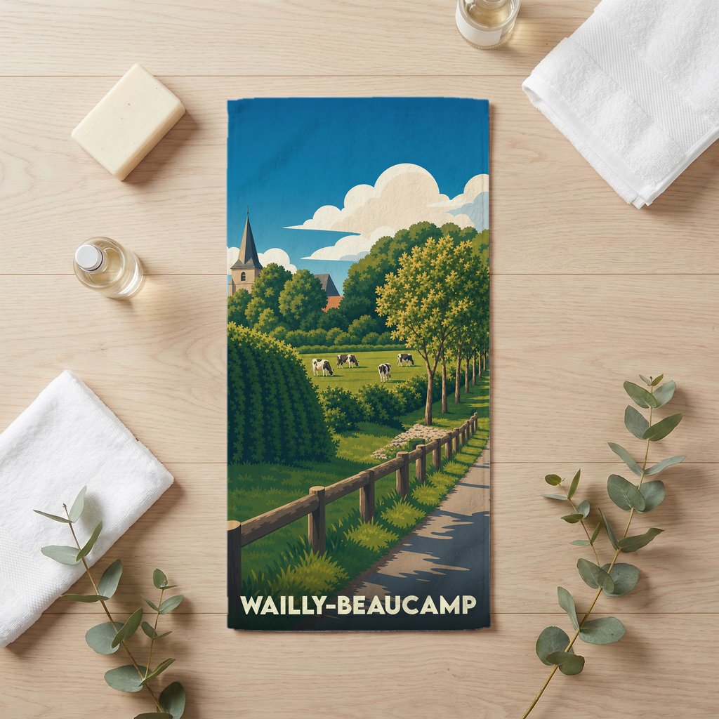 Serviette de bain souvenir de la ville de Wailly-Beaucamp avec une illustration champêtre stylisée.