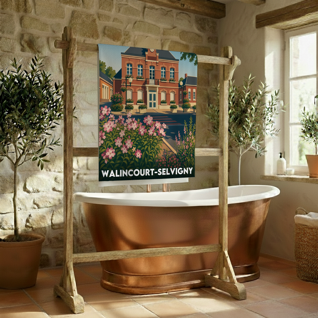 Serviette de bain souvenir de la ville de Walincourt-Selvigny avec une illustration stylisée.