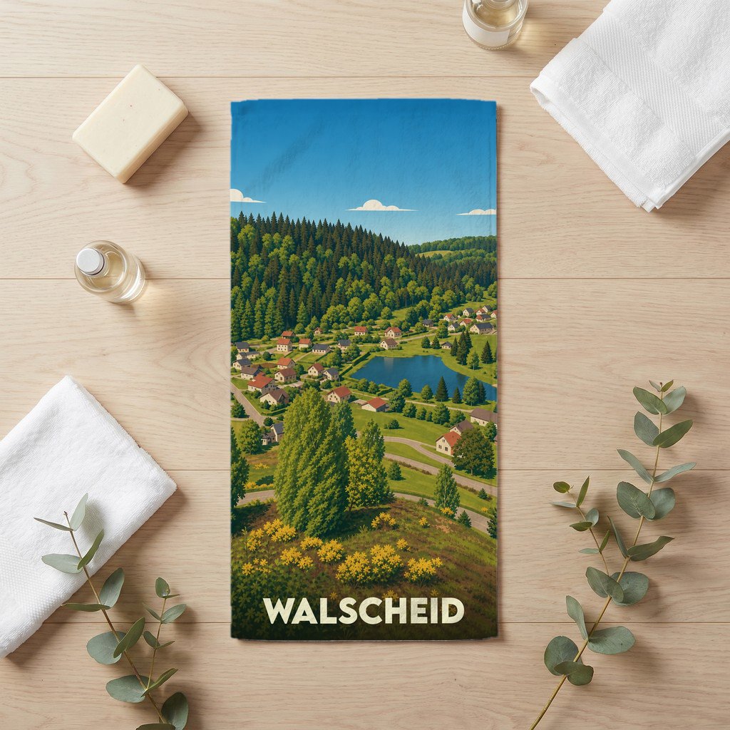 Serviette de bain souvenir de la ville de Walscheid avec une illustration paysagère stylisée.