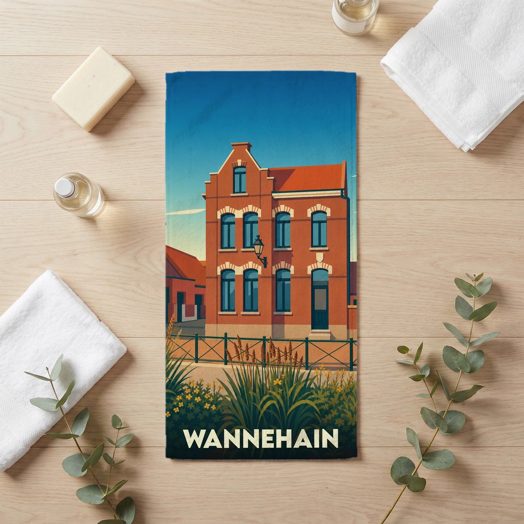 Serviette de bain souvenir de la ville de Wannehain avec une illustration stylisée d'un bâtiment flamand traditionnel.