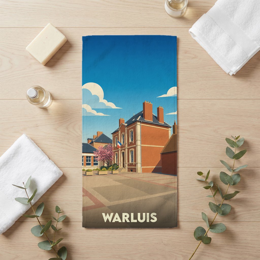 Serviette de bain souvenir de la ville de Warluis avec une illustration stylisée.