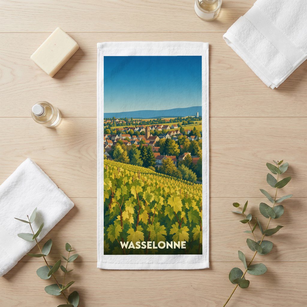 Serviette de bain souvenir de la ville de Wasselonne avec une illustration stylisée de son paysage et de ses vignobles.