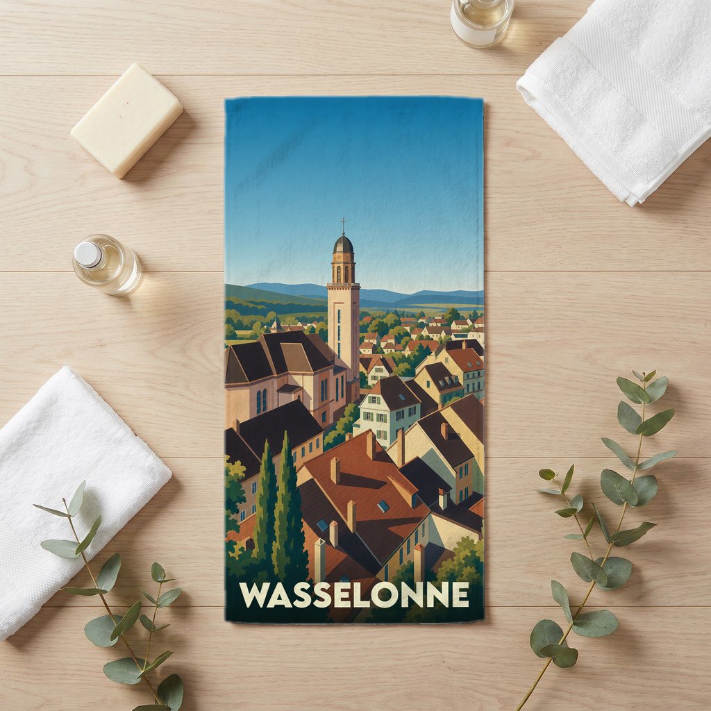 Serviette de bain souvenir de la ville de Wasselonne avec une illustration stylisée.
