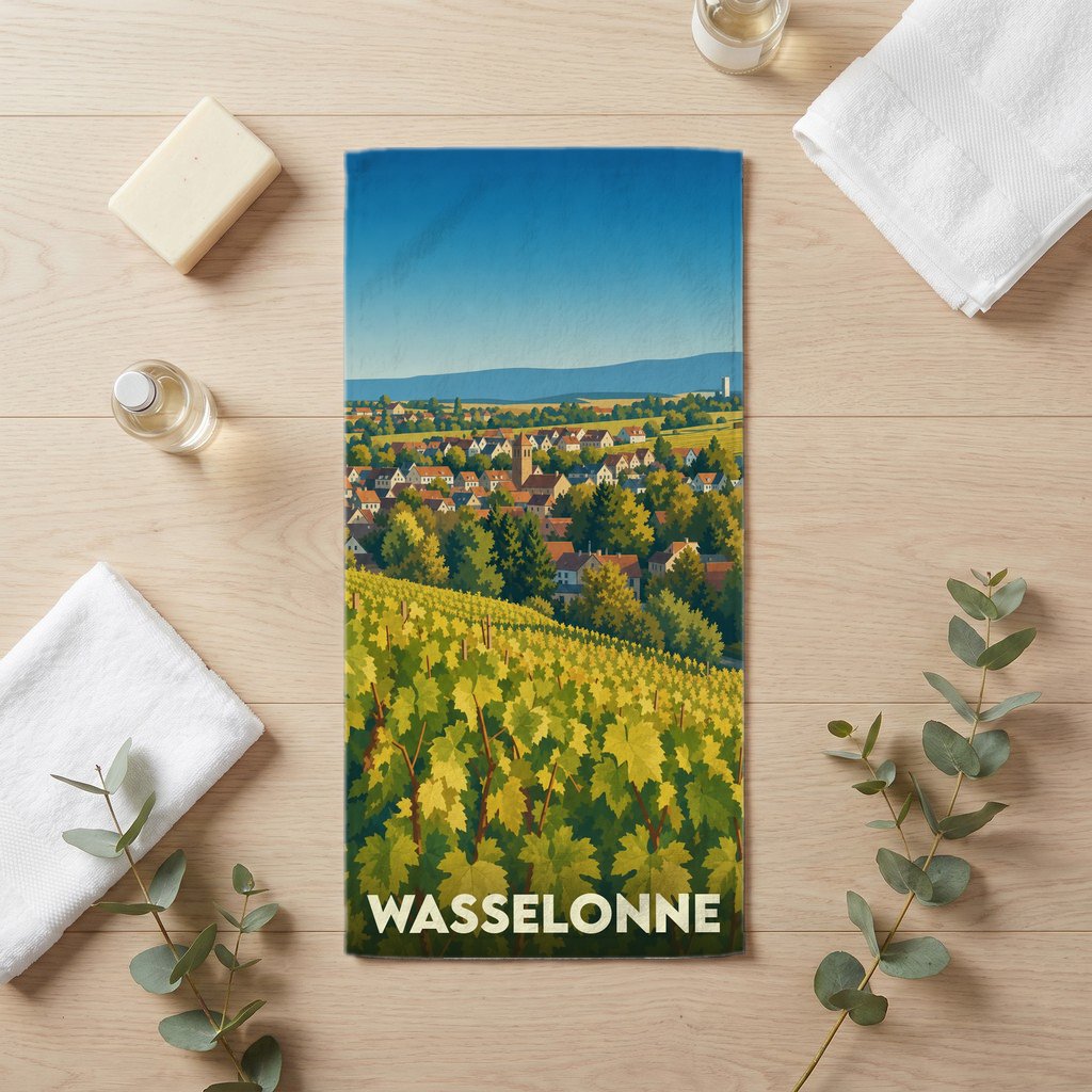 Serviette de bain souvenir de la ville de Wasselonne avec une illustration stylisée de son vignoble.