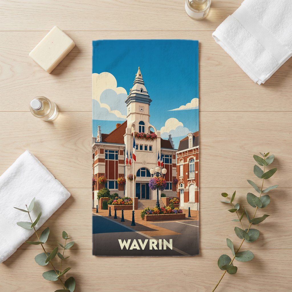 Serviette de bain souvenir de la ville de Wavrin avec une illustration stylisée de son hôtel de ville.