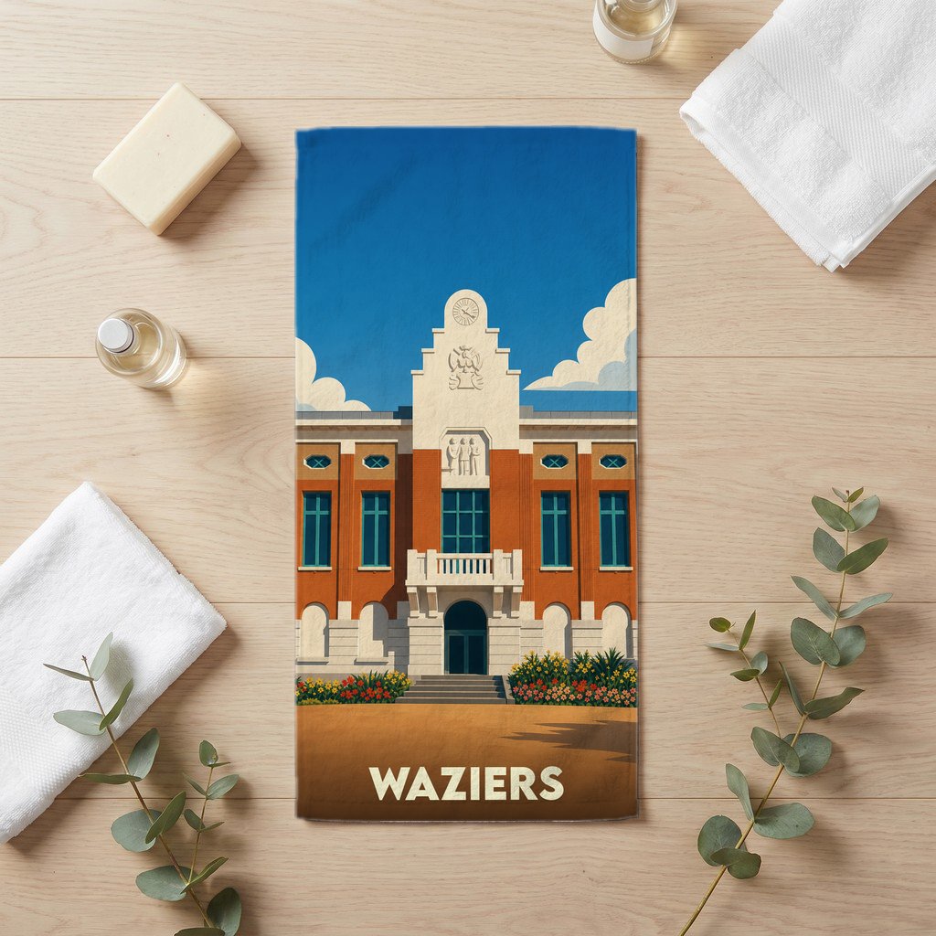 Serviette de bain souvenir de la ville de Waziers avec une illustration stylisée de son hôtel de ville.