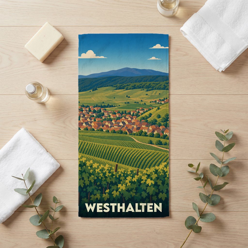 Serviette de bain souvenir de la ville de Westhalten avec une illustration stylisée de vignobles alsaciens.