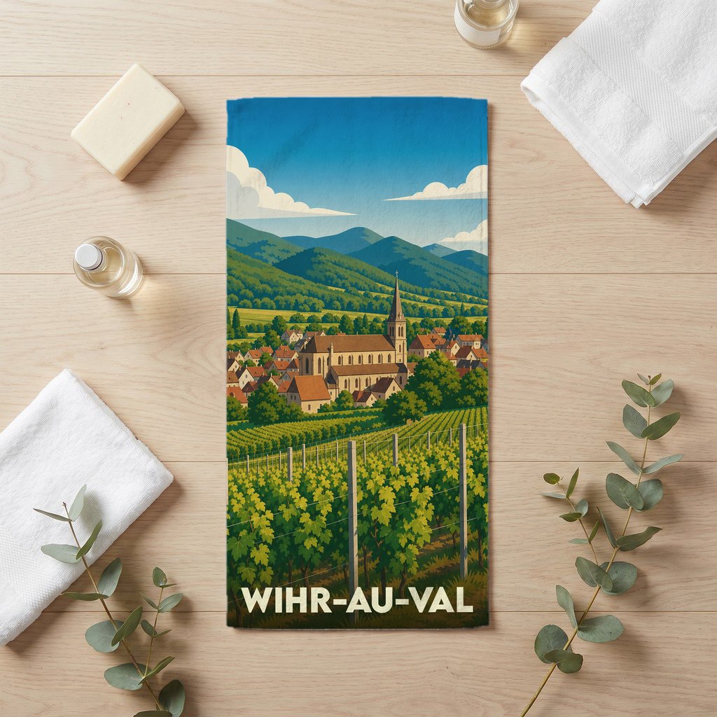 Serviette de bain souvenir de la ville de Wihr-au-Val avec une illustration stylisée de son paysage de vignes.