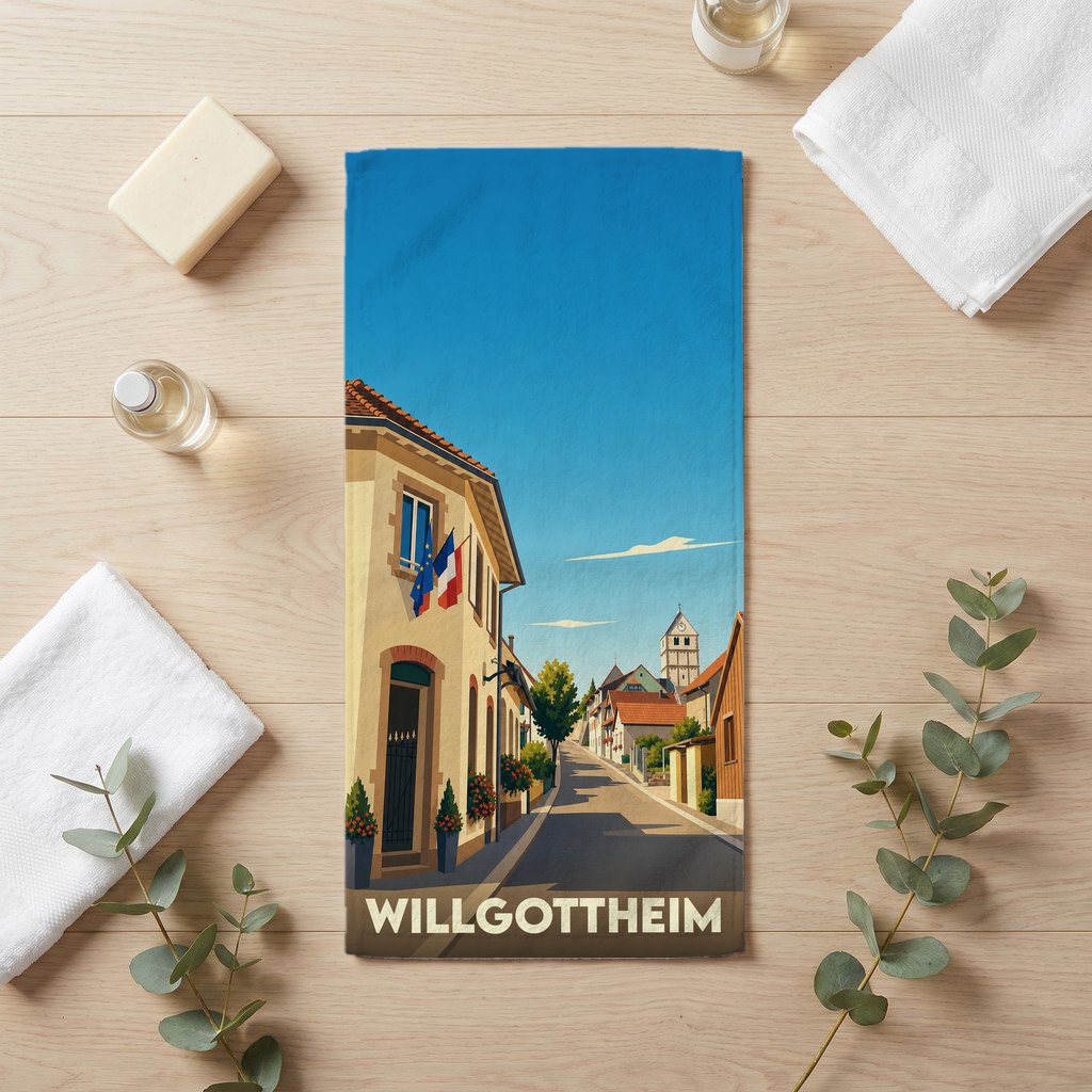 Serviette de bain souvenir de la ville de Willgottheim avec une illustration stylisée d'une rue pittoresque.