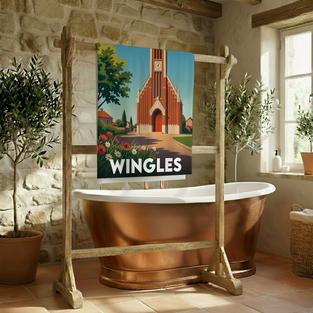 Serviette de bain souvenir de la ville de Wingles avec une illustration stylisée de son église.