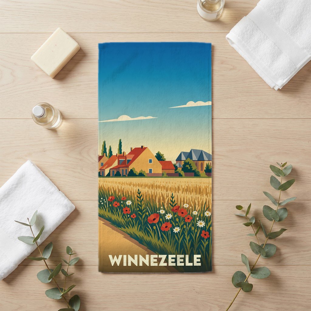 Serviette de bain souvenir de la ville de Winnezeele avec une illustration de paysage champêtre.