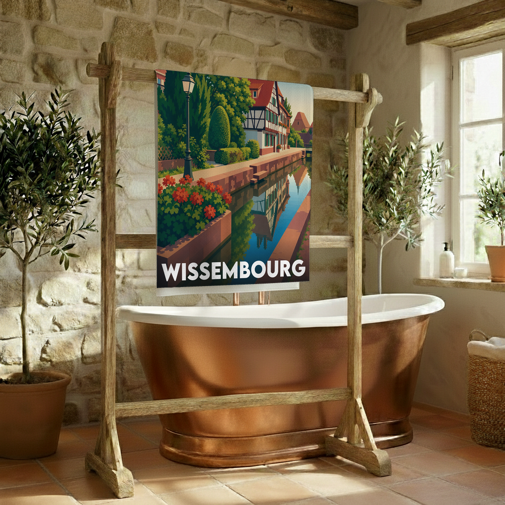 Serviette de bain souvenir de la ville de Wissembourg avec une illustration stylisée.