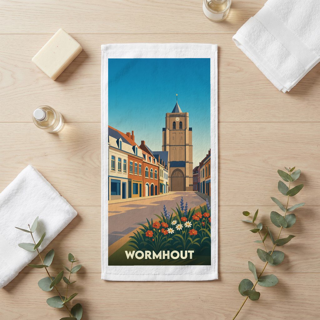 Serviette de bain souvenir de la ville de Wormhout avec une illustration stylisée.