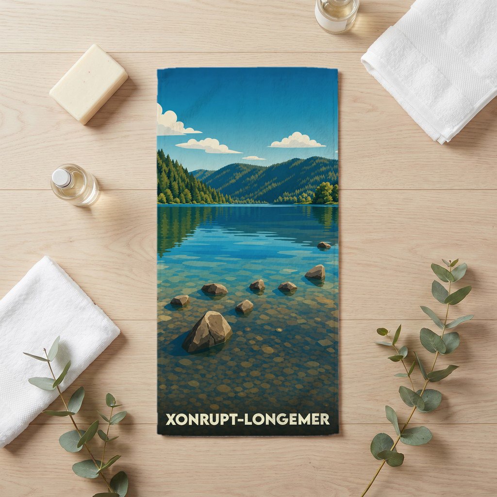 Serviette de bain souvenir de la ville de Xonrupt-Longemer avec une illustration stylisée de son lac et des montagnes.