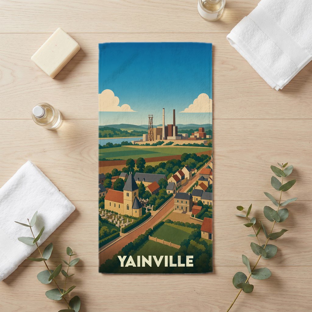Serviette de bain souvenir de la ville de Yainville avec une illustration stylisée.