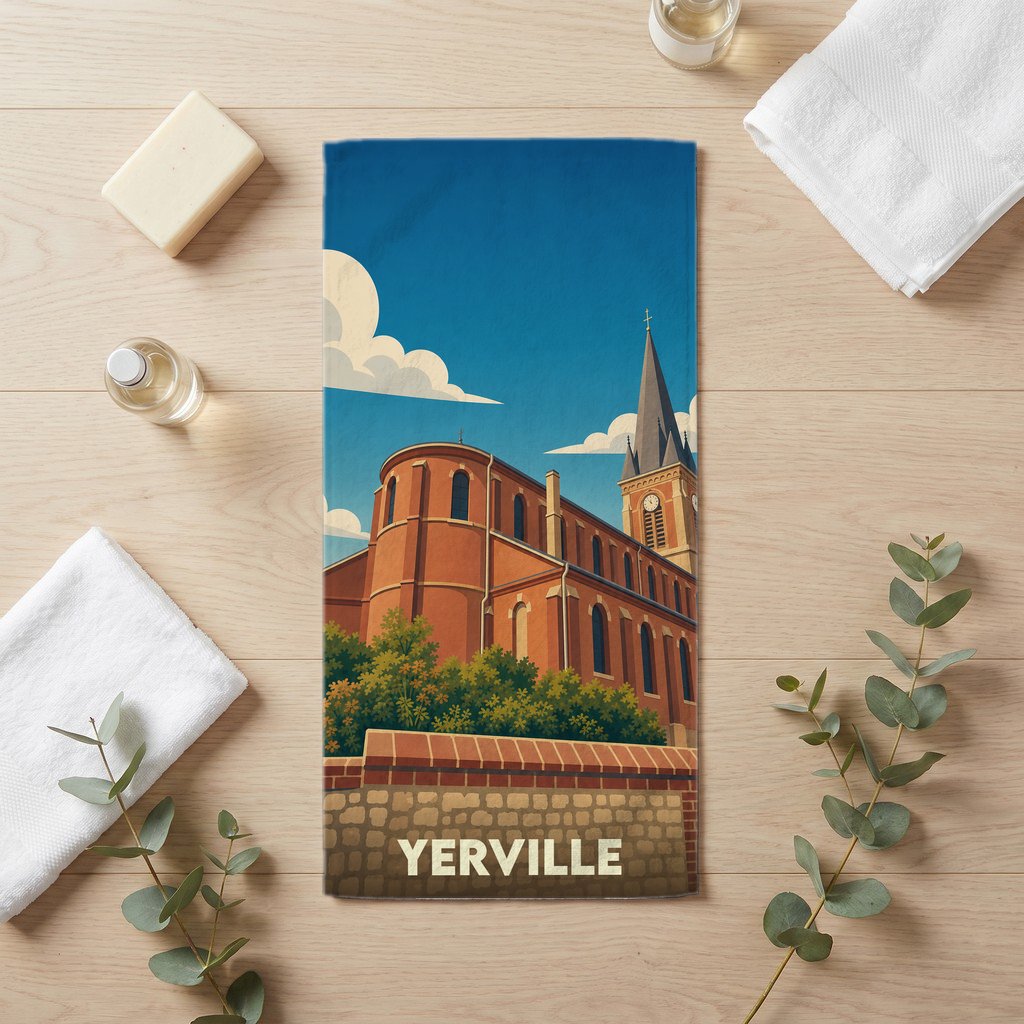 Serviette de bain souvenir de la ville de Yerville avec une illustration stylisée de son église.