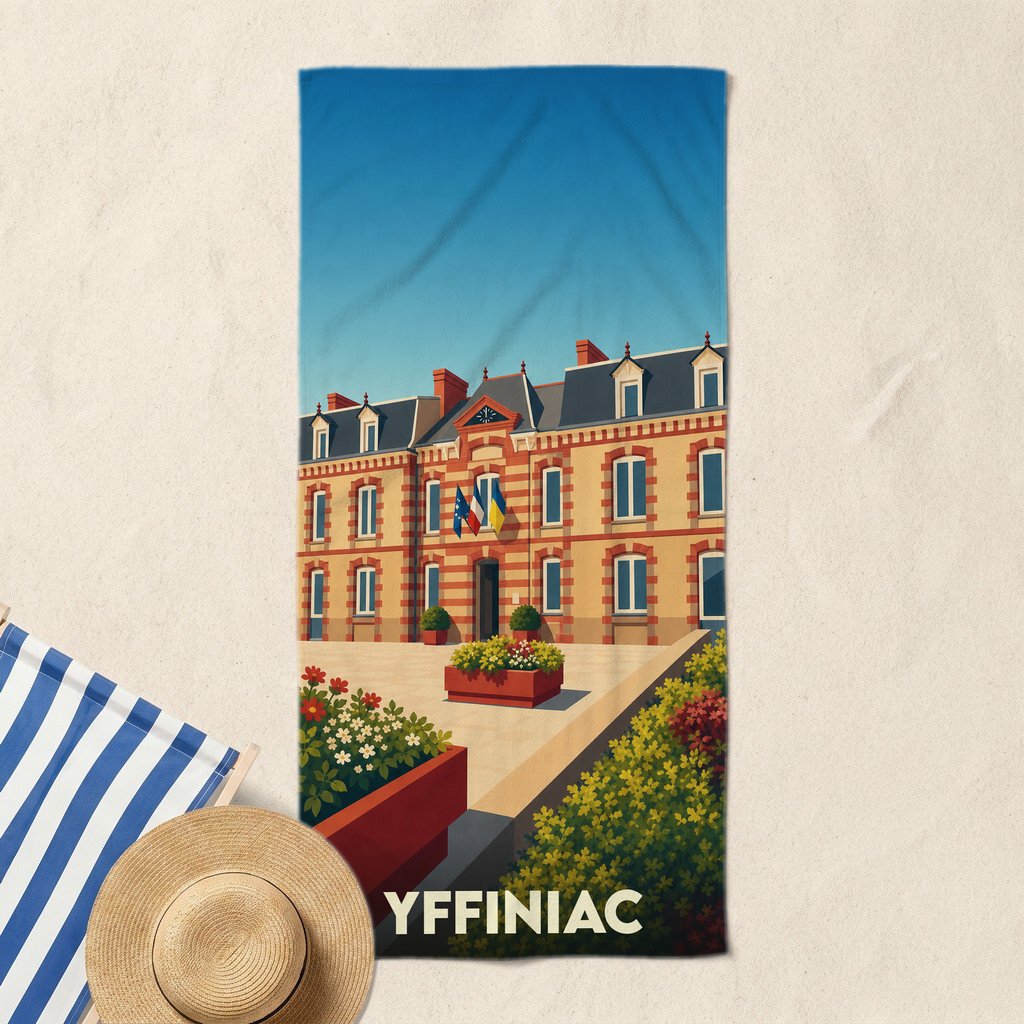 Serviette de bain souvenir de la ville d'Yffiniac avec une illustration stylisée de son hôtel de ville.