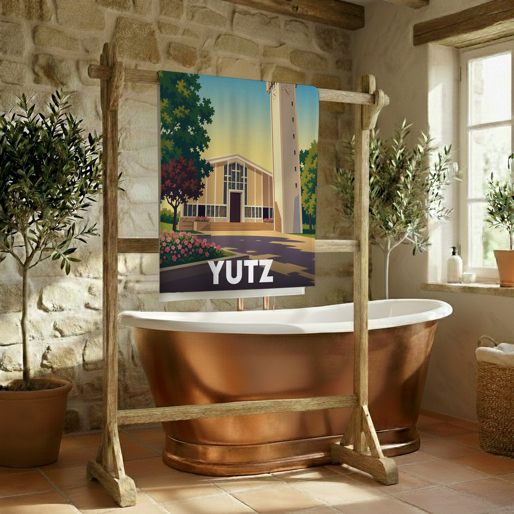 Serviette de bain souvenir de la ville de Yutz avec une illustration stylisée.