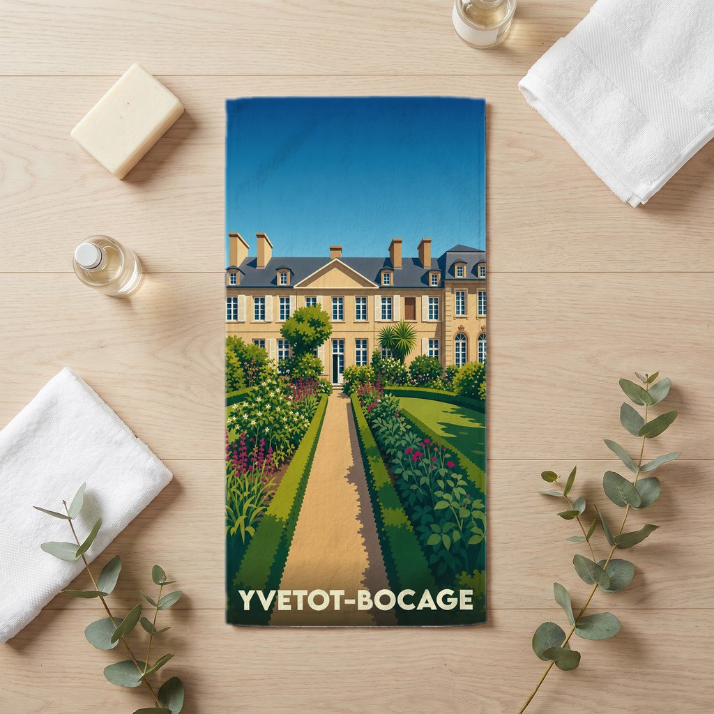 Serviette de bain souvenir de la ville d'Yvetot-Bocage avec une illustration stylisée d'un château et de ses jardins.