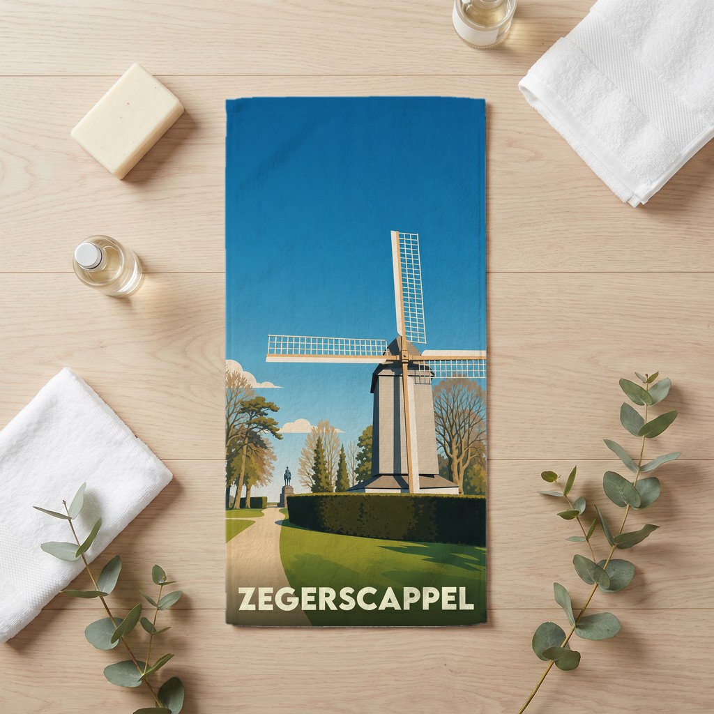 Serviette de bain souvenir de la ville de Zegerscappel illustrée d'un moulin à vent stylisé.