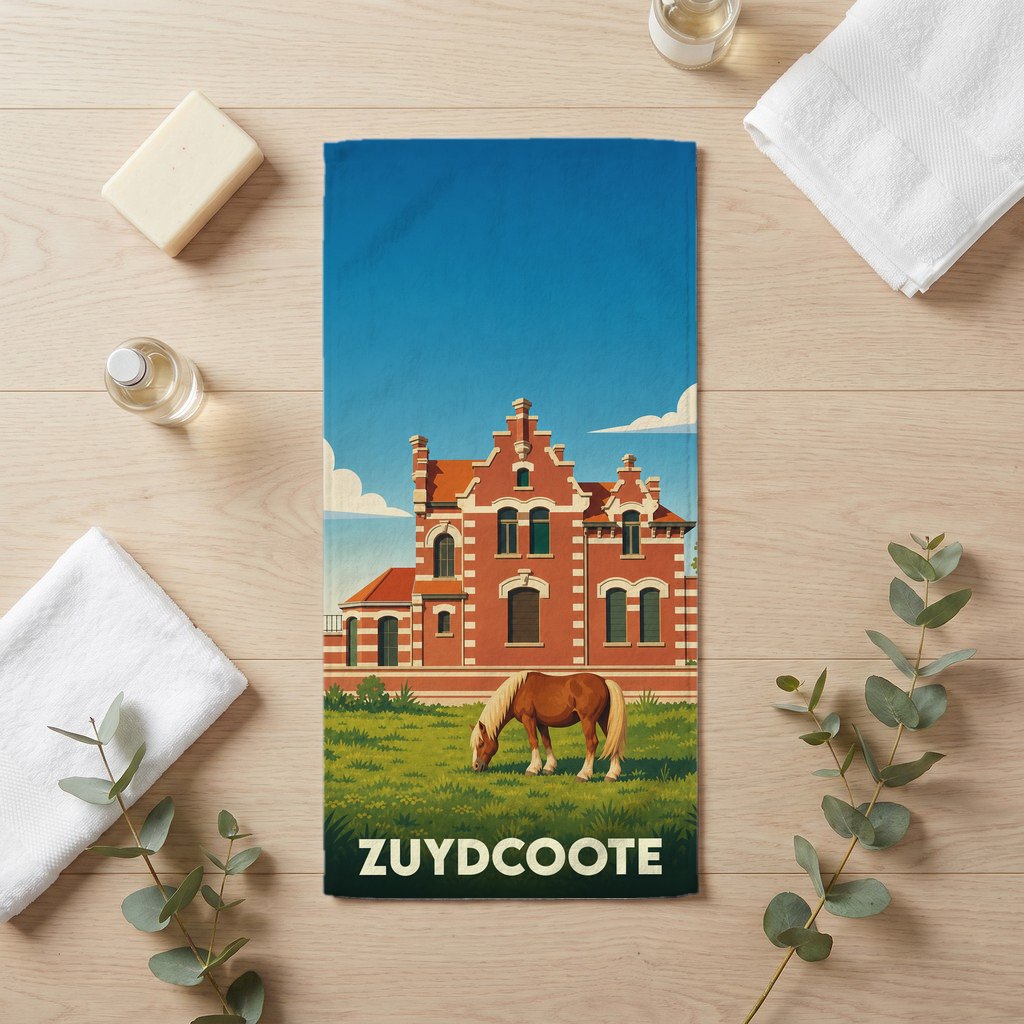 Serviette de bain souvenir de la ville de Zuydcoote illustrée d'un cheval devant une bâtisse en briques.