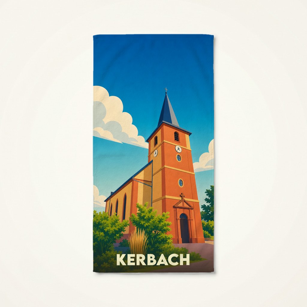 Serviette de bain souvenir de la ville de Kerbach avec une illustration stylisée de son église.
