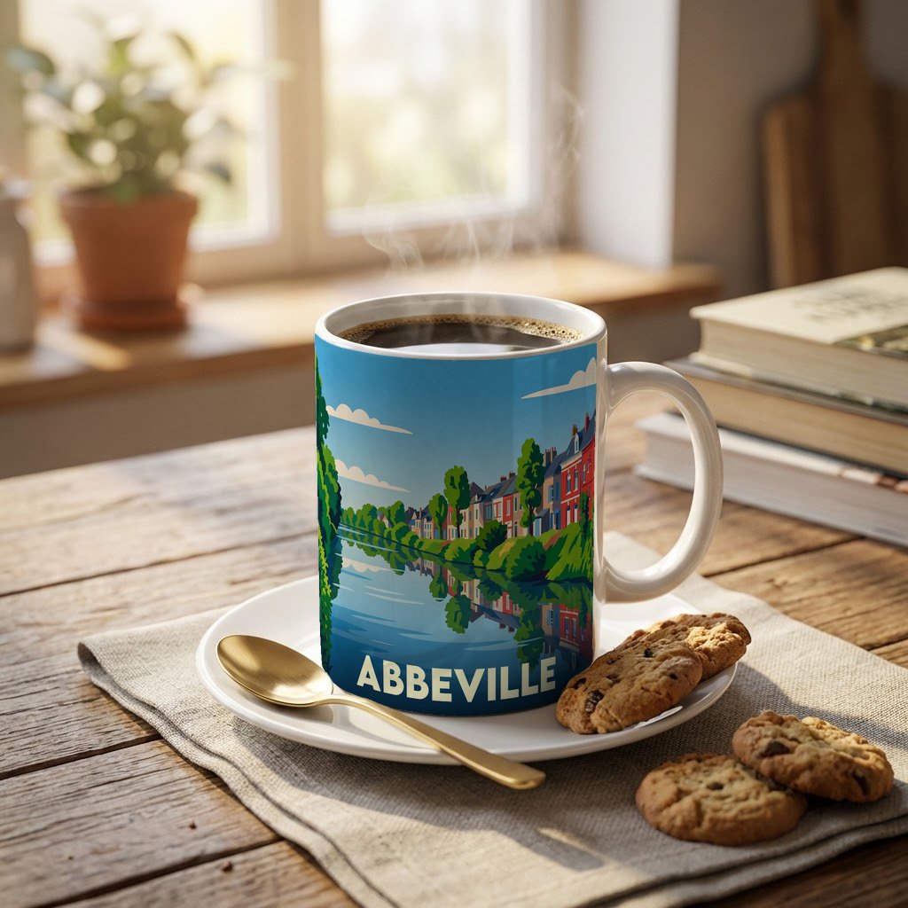 Mug souvenir de la ville d'Abbeville avec une illustration stylisée d'un paysage au bord de l'eau.