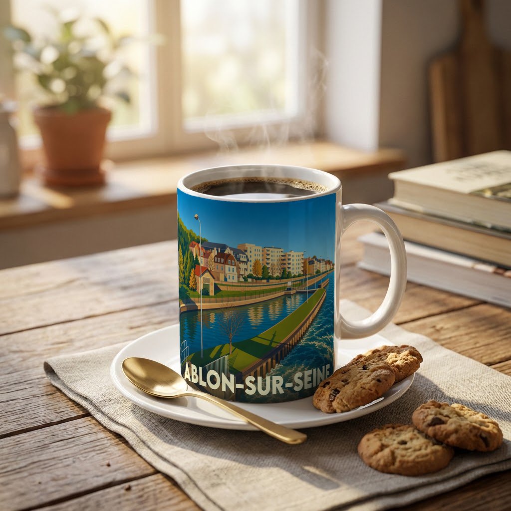Mug souvenir de la ville d'Ablon-sur-Seine avec une illustration stylisée des bords de Seine.
