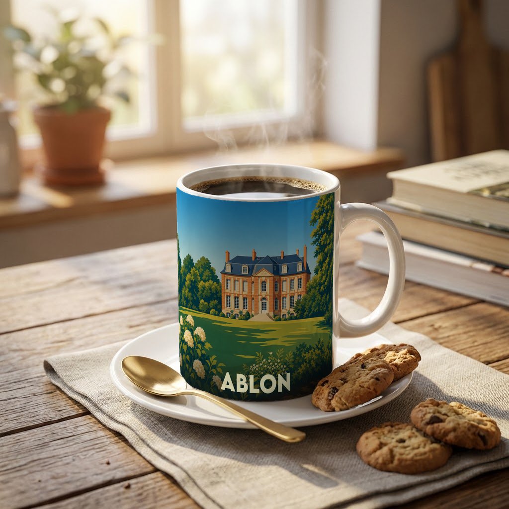 Mug souvenir de la ville d'Ablon avec une illustration stylisée d'un manoir normand.