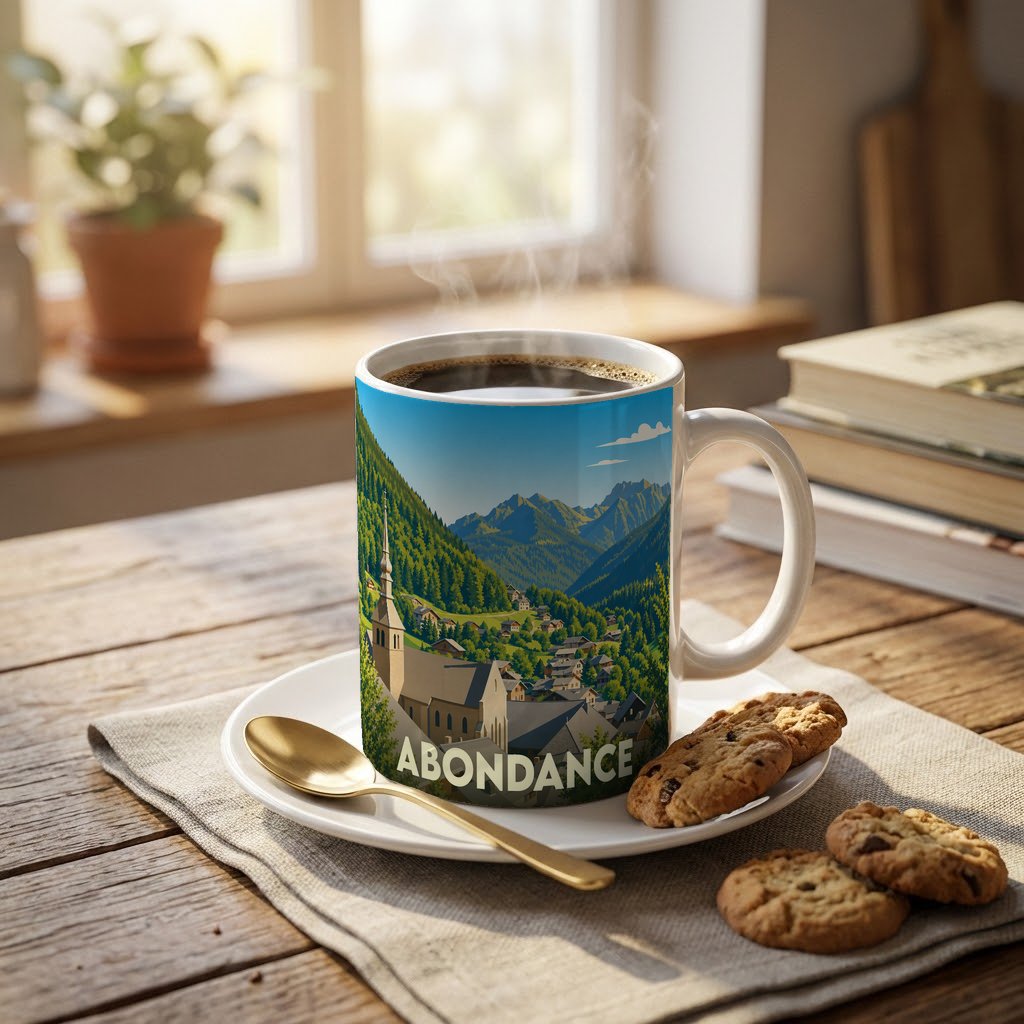 Mug souvenir de la ville d'Abondance illustré d'un paysage de montagne et d'un village pittoresque.