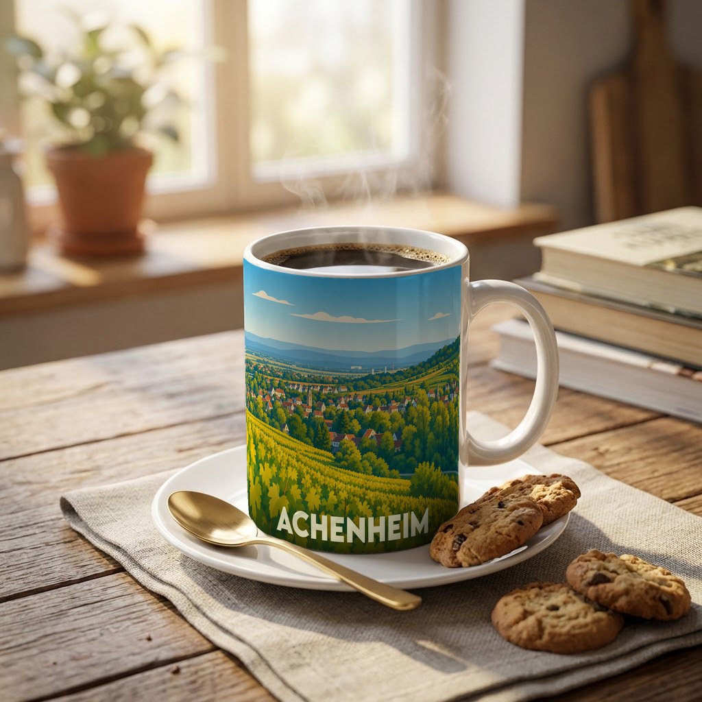 Mug souvenir de la ville d'Achenheim illustré d'un paysage de vignobles et d'un village pittoresque.