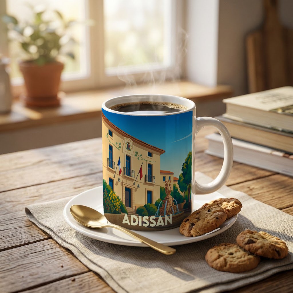 Mug souvenir de la ville d'Adissan orné d'une illustration stylisée de sa mairie et d'une fontaine.