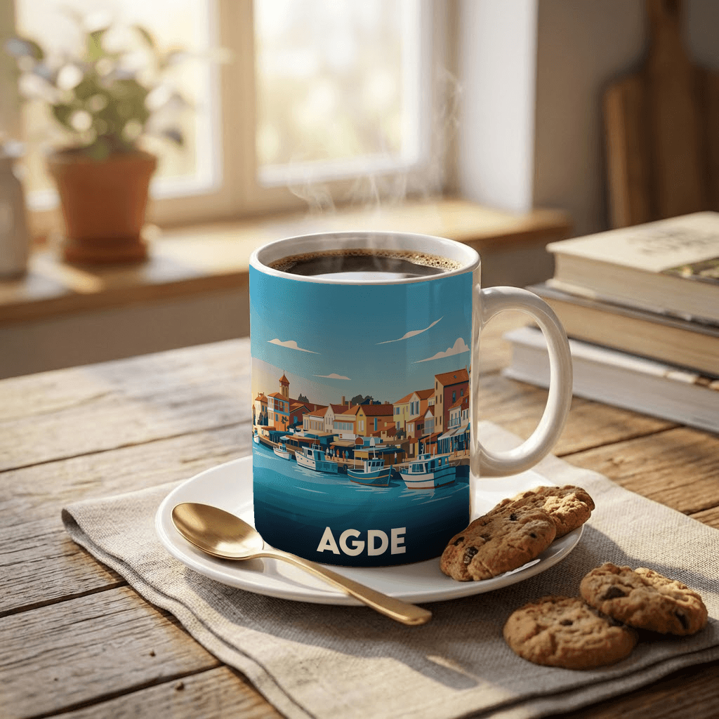 Mug souvenir de la ville d'Agde avec une illustration stylisée de son port.