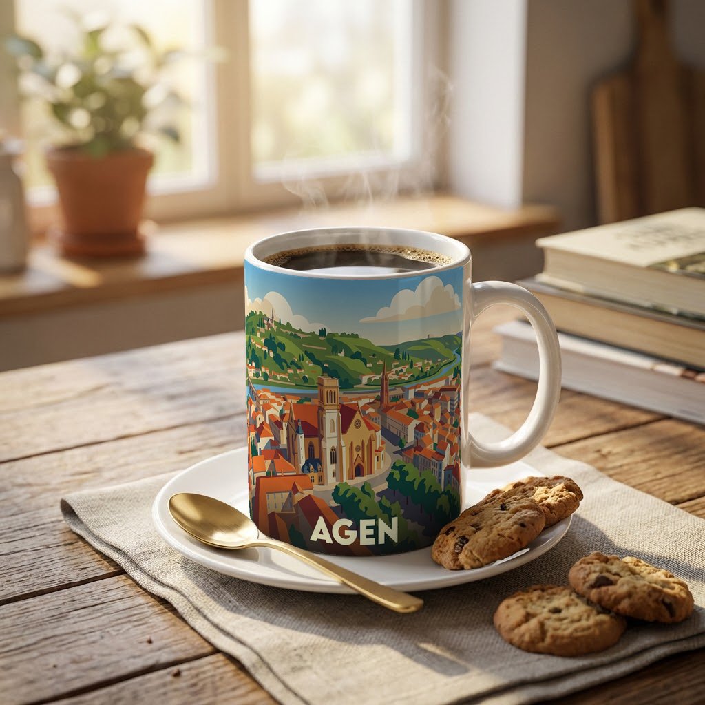 Mug souvenir de la ville d'Agen avec une illustration stylisée et colorée.