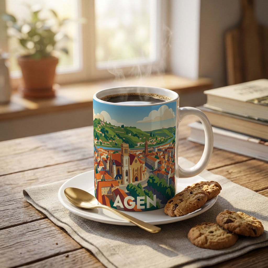 Mug souvenir de la ville d'Agen avec une illustration stylisée et colorée.