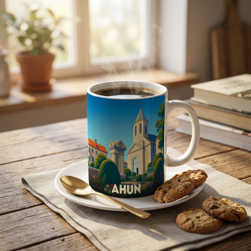 Mug souvenir de la ville d'Ahun avec une illustration stylisée montrant l'église et des bâtiments locaux.