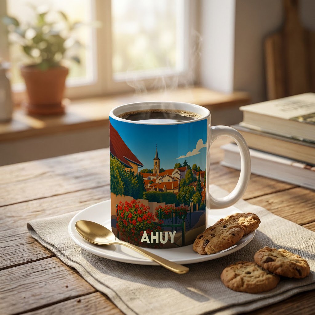 Mug souvenir de la ville d'Ahuy avec une illustration stylisée d'un village pittoresque.