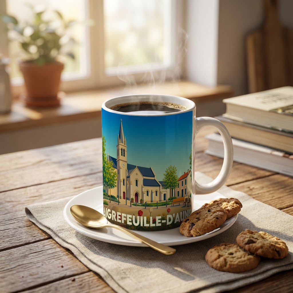 Mug souvenir de la ville d'Aigrefeuille-d'Aunis orné d'une illustration stylisée de son église.