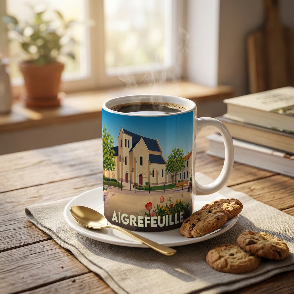 Mug souvenir de la ville d'Aigrefeuille avec une illustration stylisée d'une église et d'un jardin.
