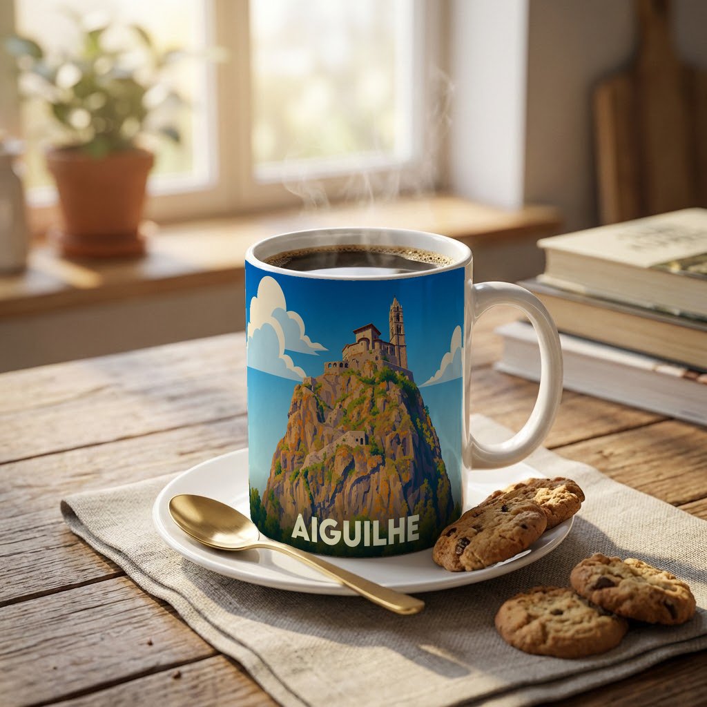 Mug souvenir de la ville de Aiguilhe illustrant la chapelle Saint-Michel perchée sur son rocher.