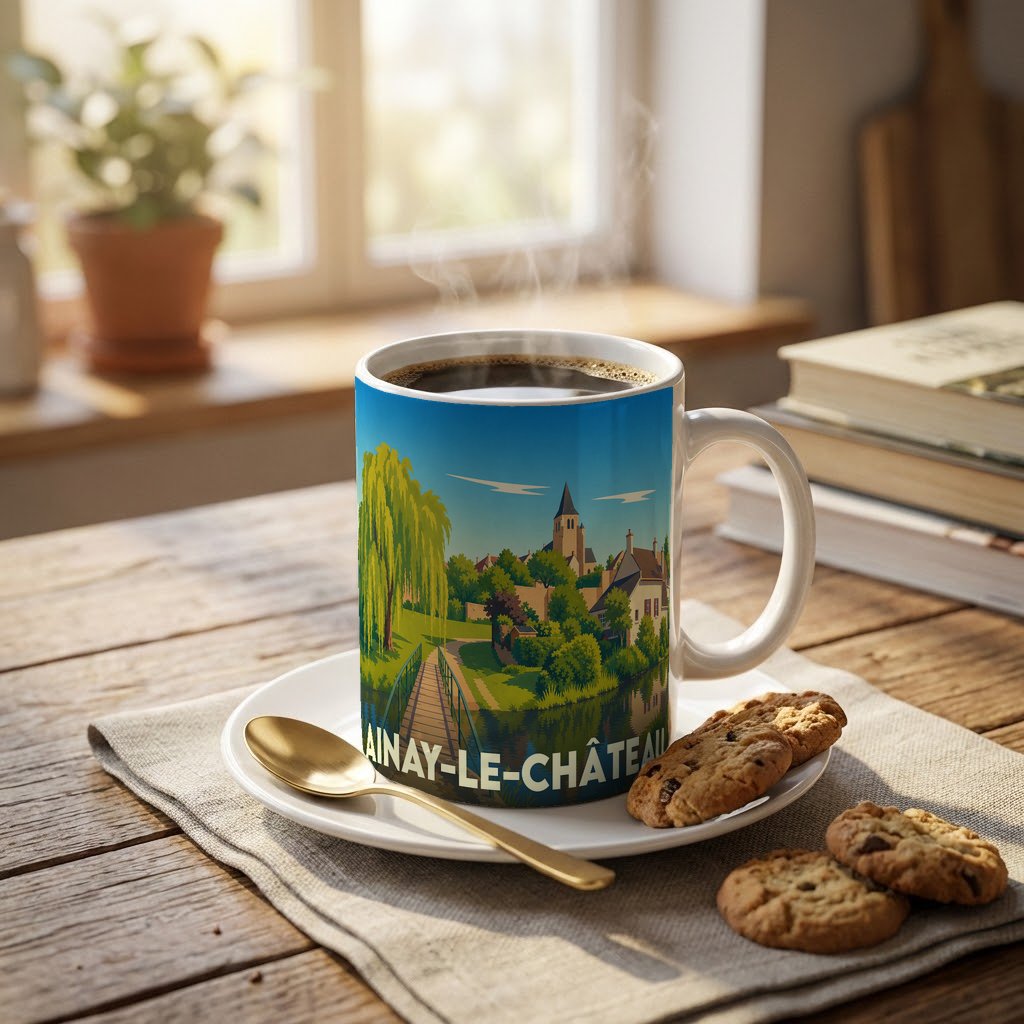 Mug souvenir de la ville d'Ainay-le-Château avec une illustration stylisée.