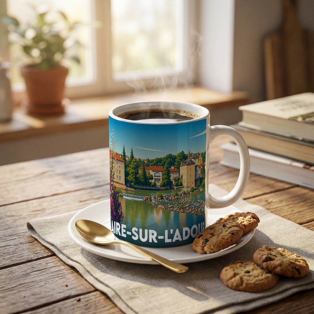Mug souvenir de la ville de Aire-sur-l'Adour orné d'une illustration colorée des bords de l'Adour.