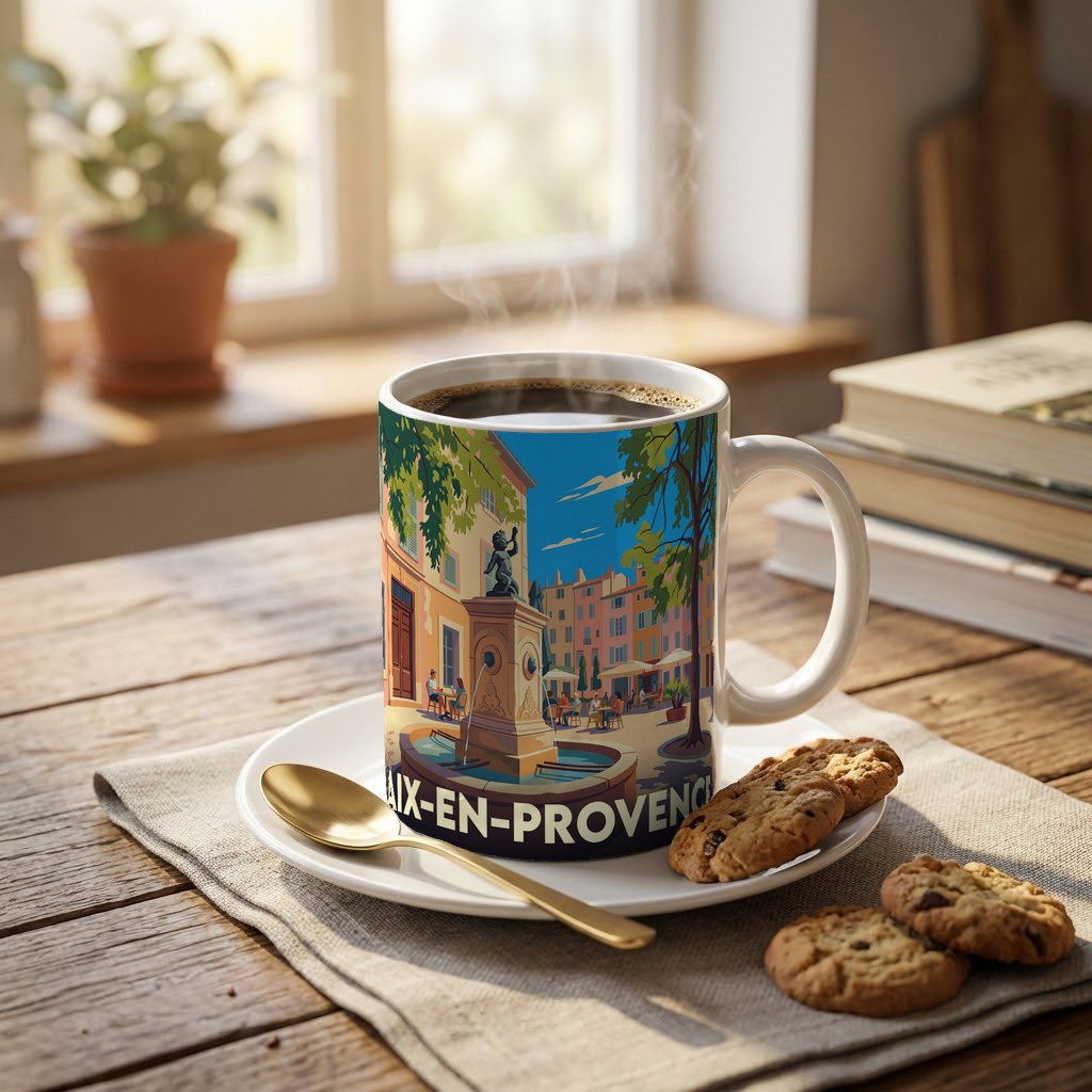 Mug souvenir de la ville d'Aix-en-Provence avec une illustration stylisée d'une place et de sa fontaine.