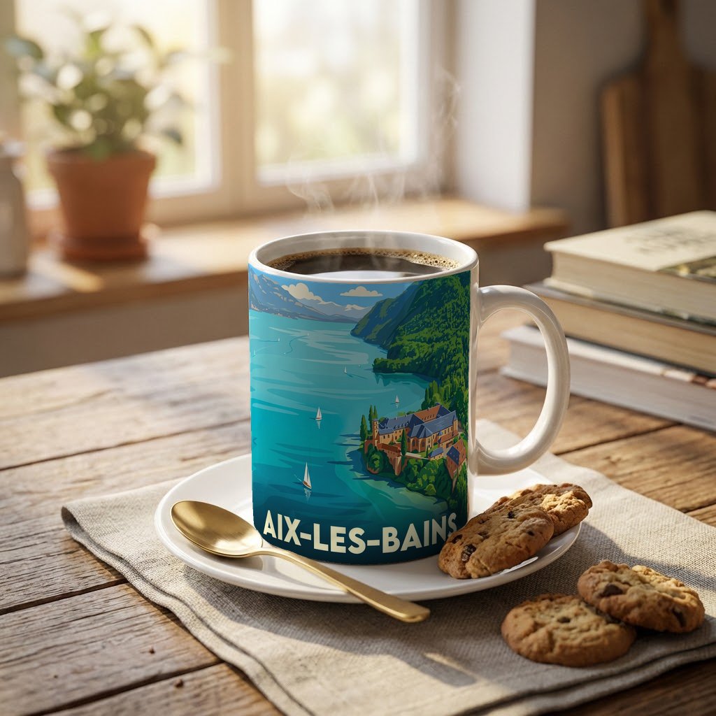 Mug souvenir de la ville d'Aix-les-Bains avec une illustration stylisée du lac et des montagnes.