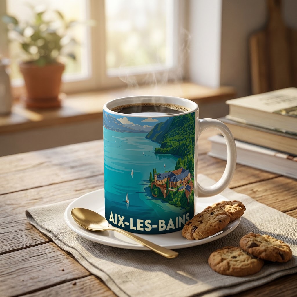 Mug souvenir de la ville d'Aix-les-Bains avec une illustration stylisée du lac et des montagnes.