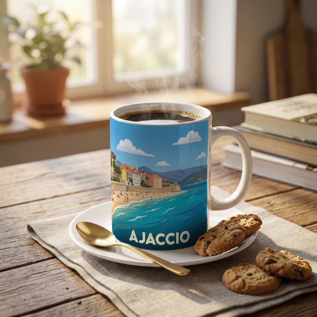 Mug souvenir de la ville d'Ajaccio avec une illustration stylisée du bord de mer.